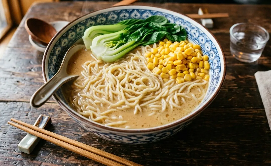 Professional creamy tonkotsu ramen bowl featuring wheat noodles, corn kernels, and fresh bok choy in traditional ceramic bowl.
