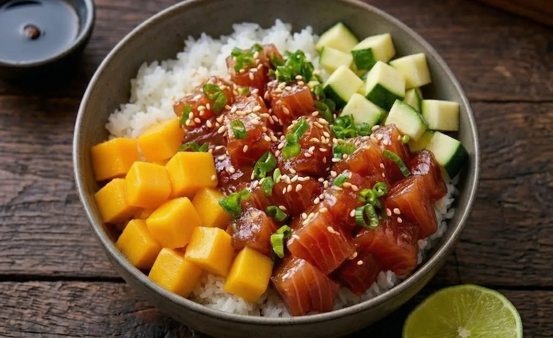 Professional poke bowl with sushi-grade ahi tuna, sesame seeds, cucumber, mango, and rice base for commercial food service.