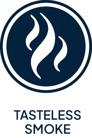 Tasteless smoke logo featuring white flames on a navy background, symbolizing modern tobacco alternatives.